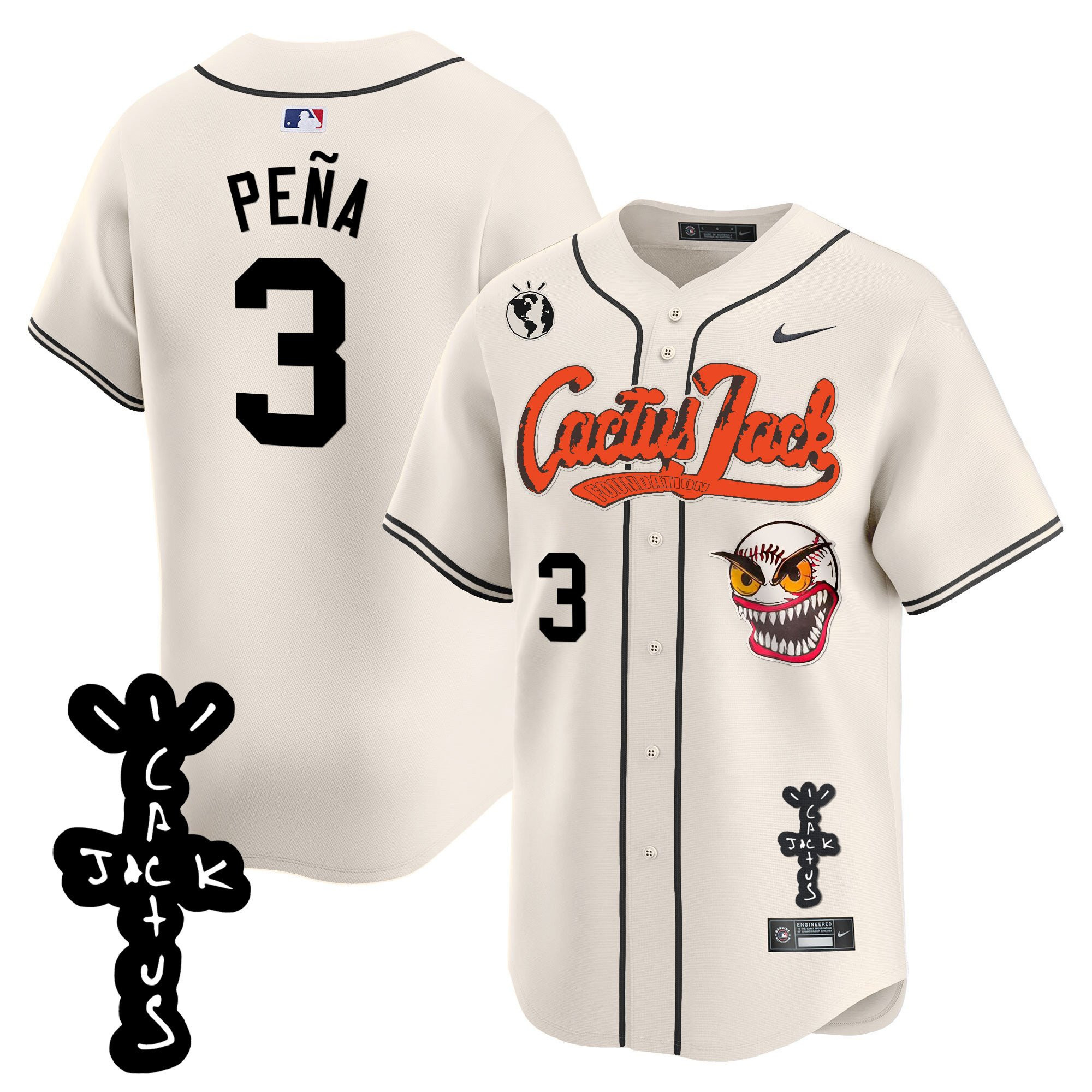 Jeremy Pena 3 Houston Astros Cactus Jack Patch V2 Men Jersey - Cream
