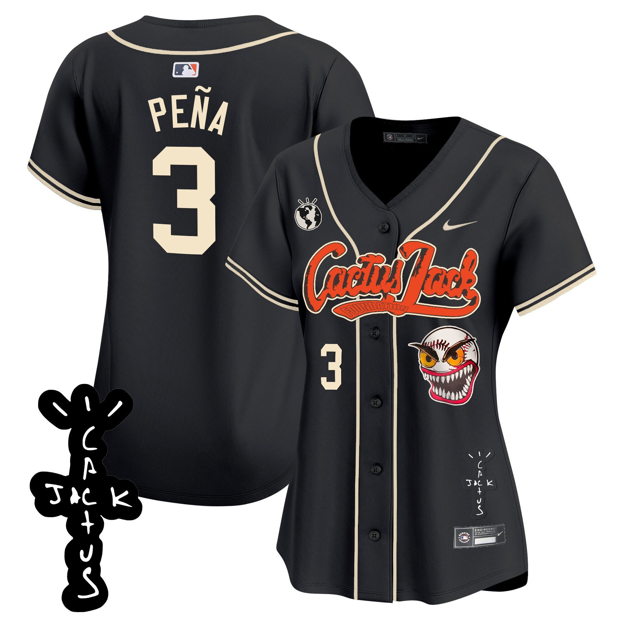 Jeremy Pena 3 Houston Astros Cactus Jack Patch V2 Women Jersey - Black 