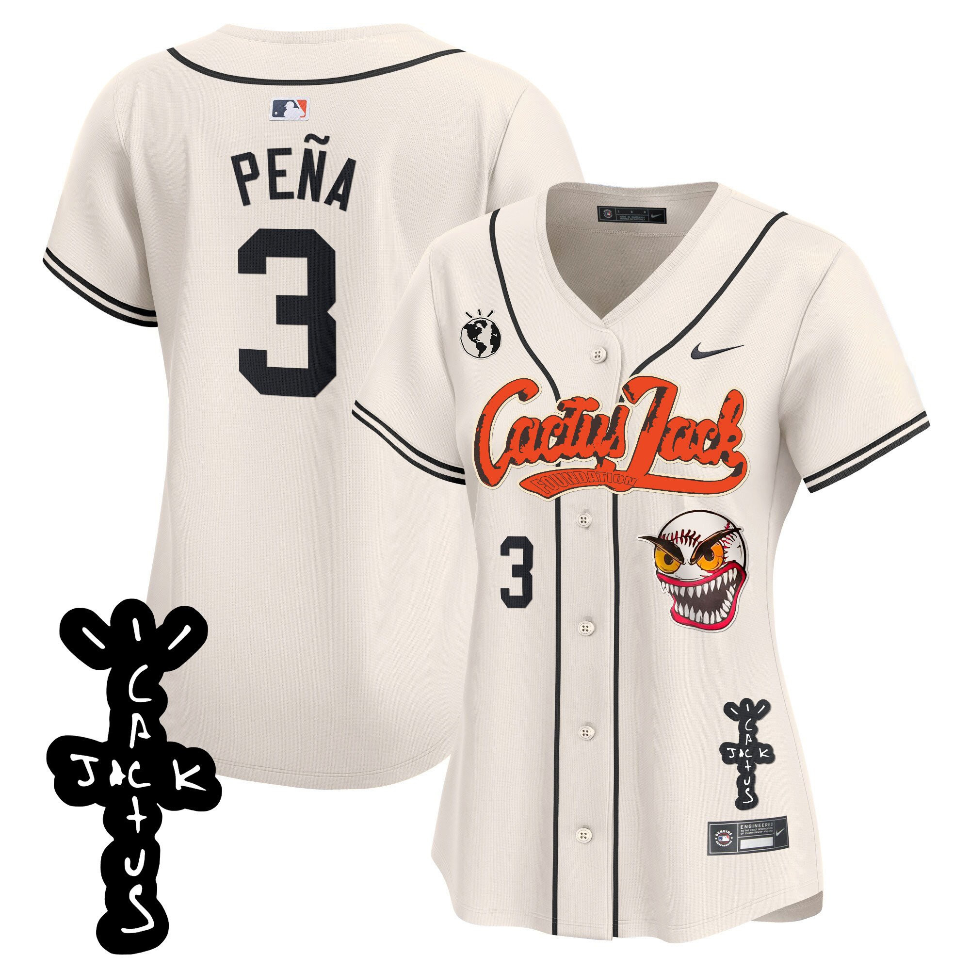 Jeremy Pena 3 Houston Astros Cactus Jack Patch V2 Women Jersey - Cream 
