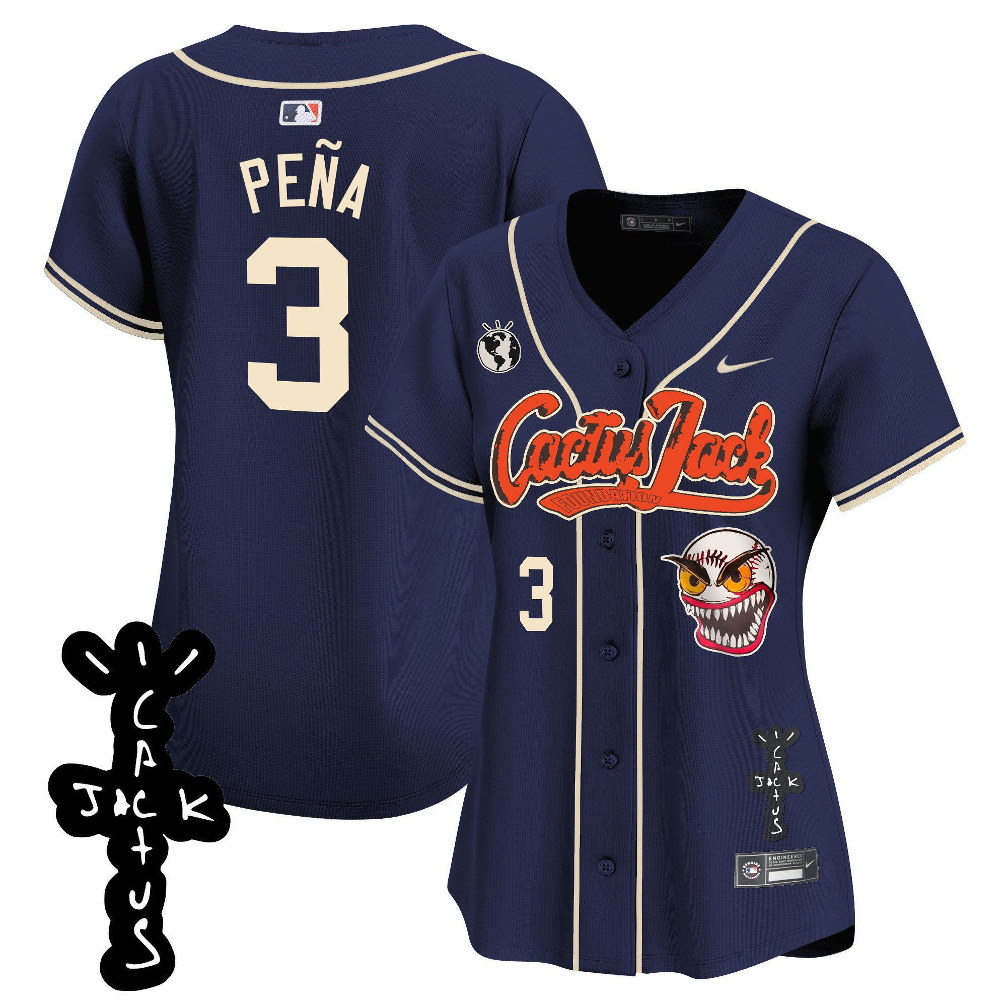 Jeremy Pena 3 Houston Astros Cactus Jack Patch V2 Women Jersey - Navy 