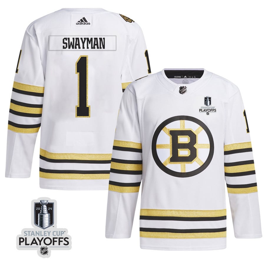 Jeremy Swayman 1 Boston Bruins 2024 NHL Playoffs Patch Away Jersey - Men, White - JS778 