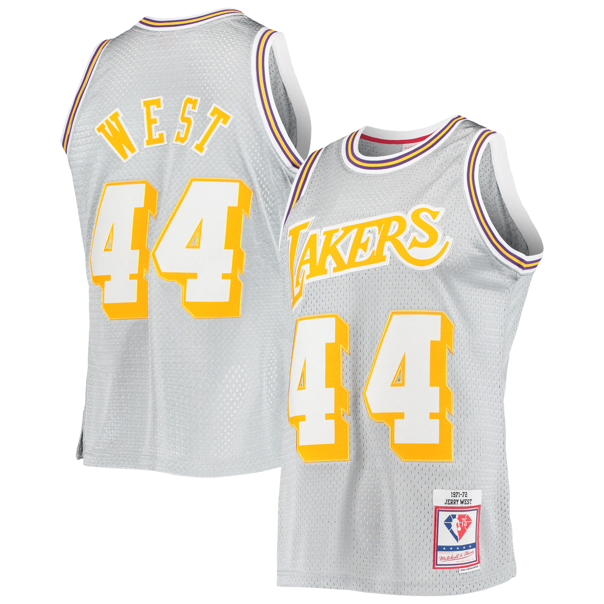 Alternative view of Jerry West Los Angeles Lakers Mitchell & Ness 75th Anniversary 1971/72 Hardwood Classics Swingman Jersey - Silver