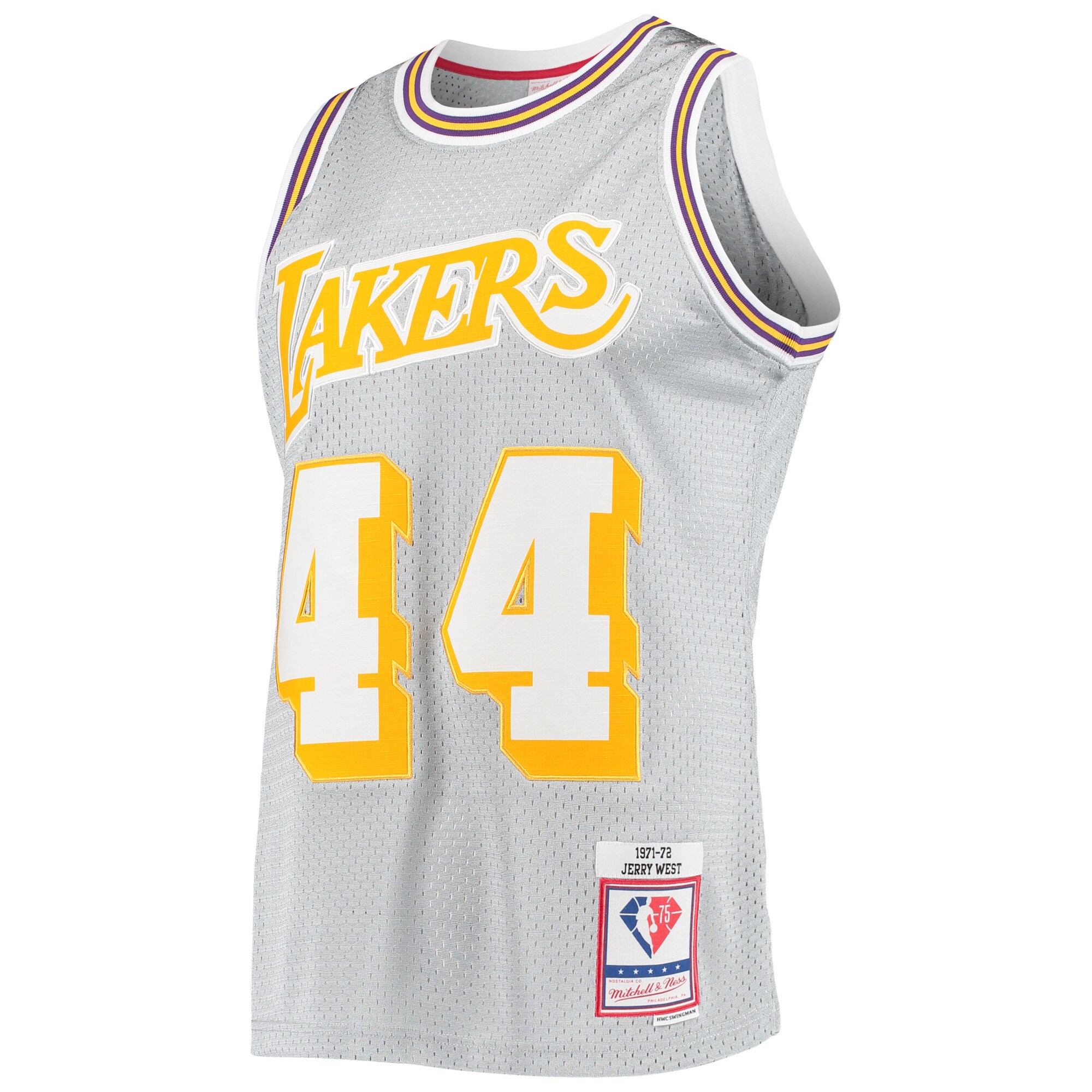 Alternative view of Jerry West Los Angeles Lakers Mitchell & Ness 75th Anniversary 1971/72 Hardwood Classics Swingman Jersey - Silver