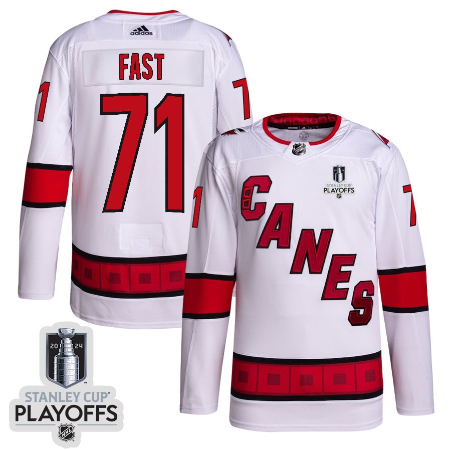 Jesper Fast 71 Carolina Hurricanes 2024 NHL Playoffs Patch Away Jersey - Men, White - JS253 