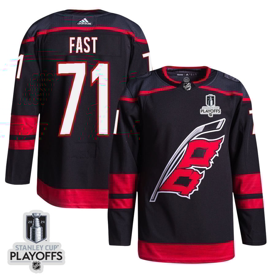 Jesper Fast 71 Carolina Hurricanes 2024 NHL Playoffs Patch Home Jersey - Men, Black - JS913 