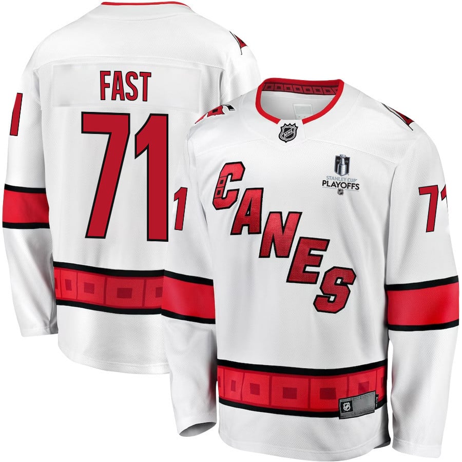 Jesper Fast 71 Carolina Hurricanes Stanley Cup 2023 Playoffs Patch Away Breakaway Men Jersey - White - JS584 
