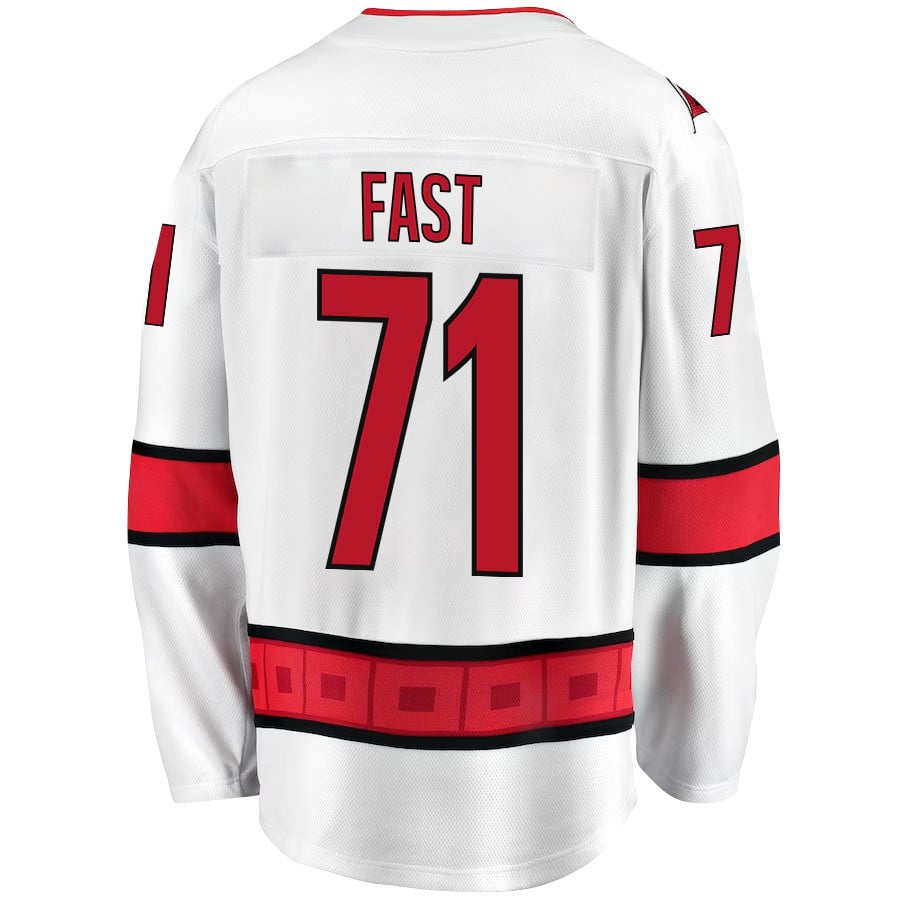 Alternative view of Jesper Fast 71 Carolina Hurricanes Stanley Cup 2023 Playoffs Patch Away Breakaway Men Jersey - White - JS584 