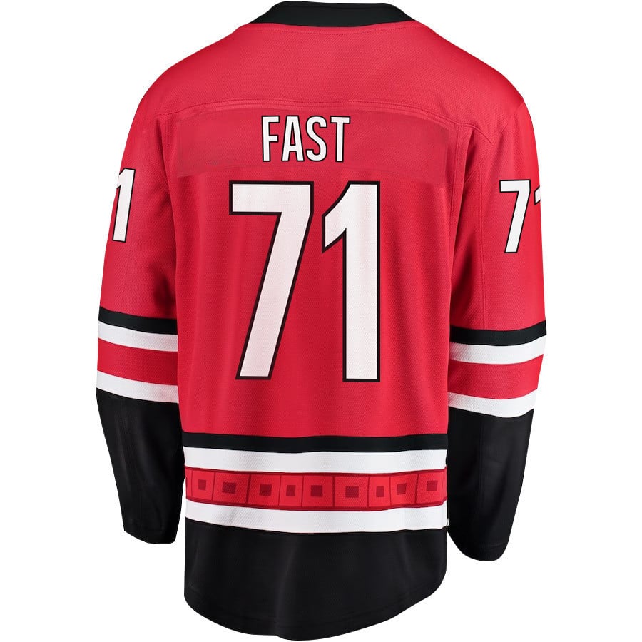 Alternative view of Jesper Fast 71 Carolina Hurricanes Stanley Cup 2023 Playoffs Patch Home Breakaway Men Jersey - Red - JS510 