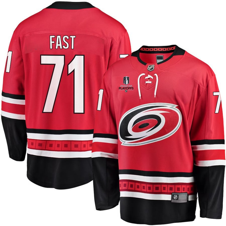 Jesper Fast 71 Carolina Hurricanes Stanley Cup 2023 Playoffs Patch Home Breakaway Men Jersey - Red - JS510 