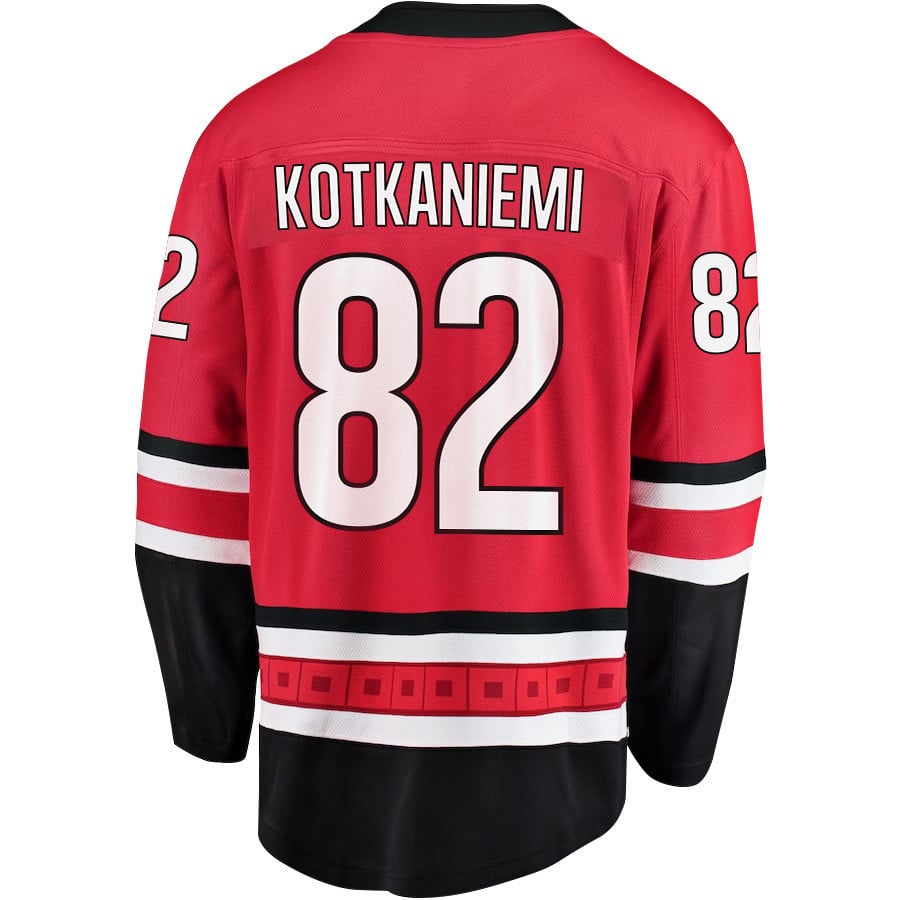 Alternative view of Jesperi Kotkaniemi 82 Carolina Hurricanes Stanley Cup 2023 Playoffs Patch Home Breakaway Men Jersey - Red - JS429 
