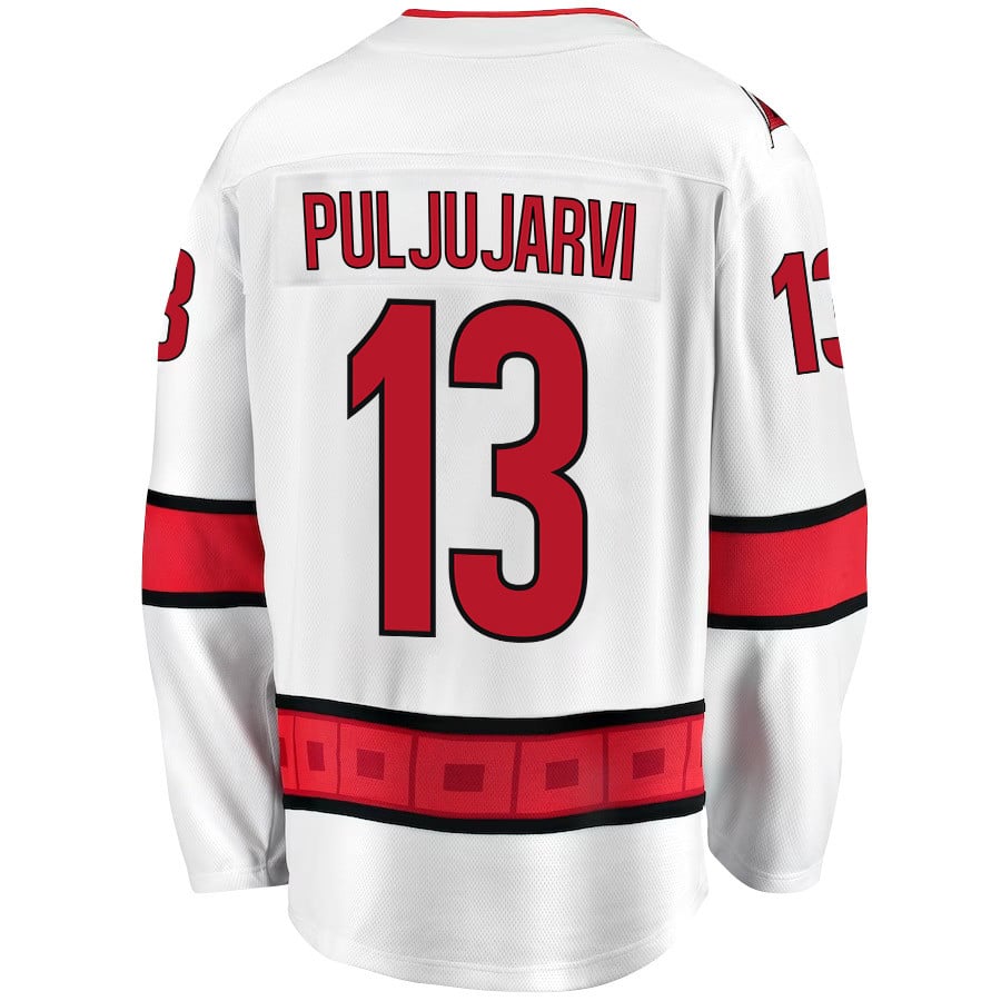 Alternative view of Jesse Puljujarvi 13 Carolina Hurricanes Stanley Cup 2023 Playoffs Patch Away Breakaway Men Jersey - White - JS651 