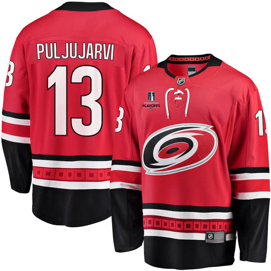 Jesse Puljujarvi 13 Carolina Hurricanes Stanley Cup 2023 Playoffs Patch Home Breakaway Men Jersey - Red - JS701 