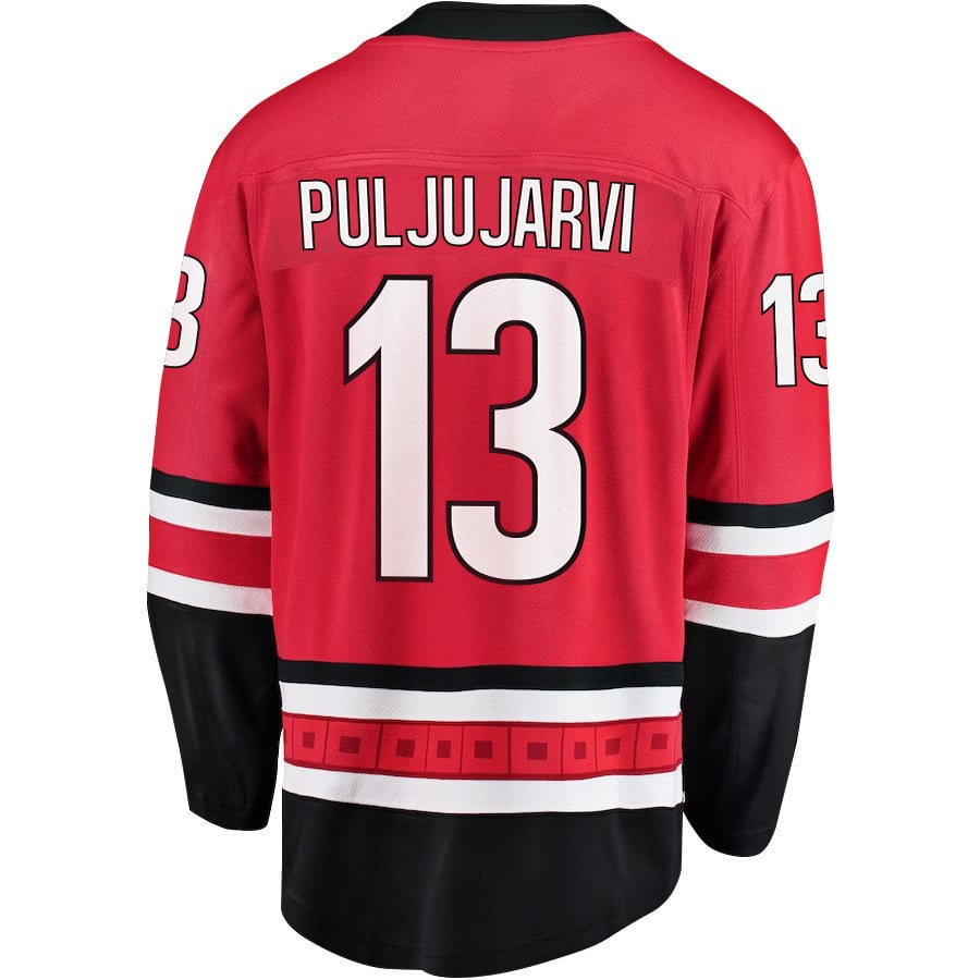 Alternative view of Jesse Puljujarvi 13 Carolina Hurricanes Stanley Cup 2023 Playoffs Patch Home Breakaway Men Jersey - Red - JS701 