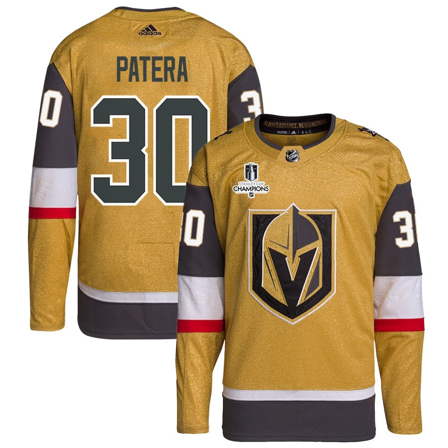 Jiri Patera 30 Vegas Golden Knights Stanley Cup 2023 Champions Patch Home Breakaway Men Jersey - Gold - JS899 