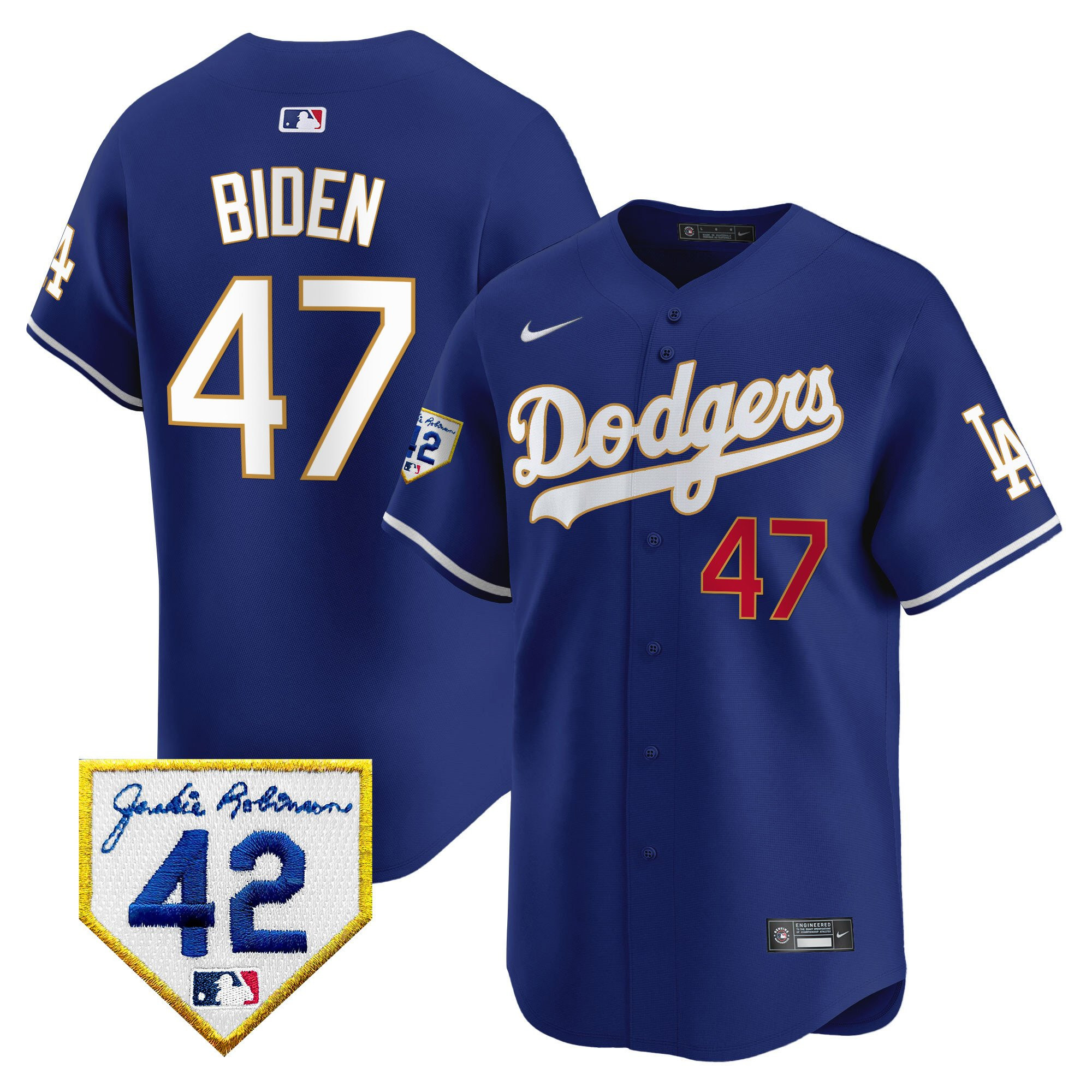 Joe Biden 47 Los Angeles Dodgers 2024 Jackie Robinson Patch Men Jersey - Royal 