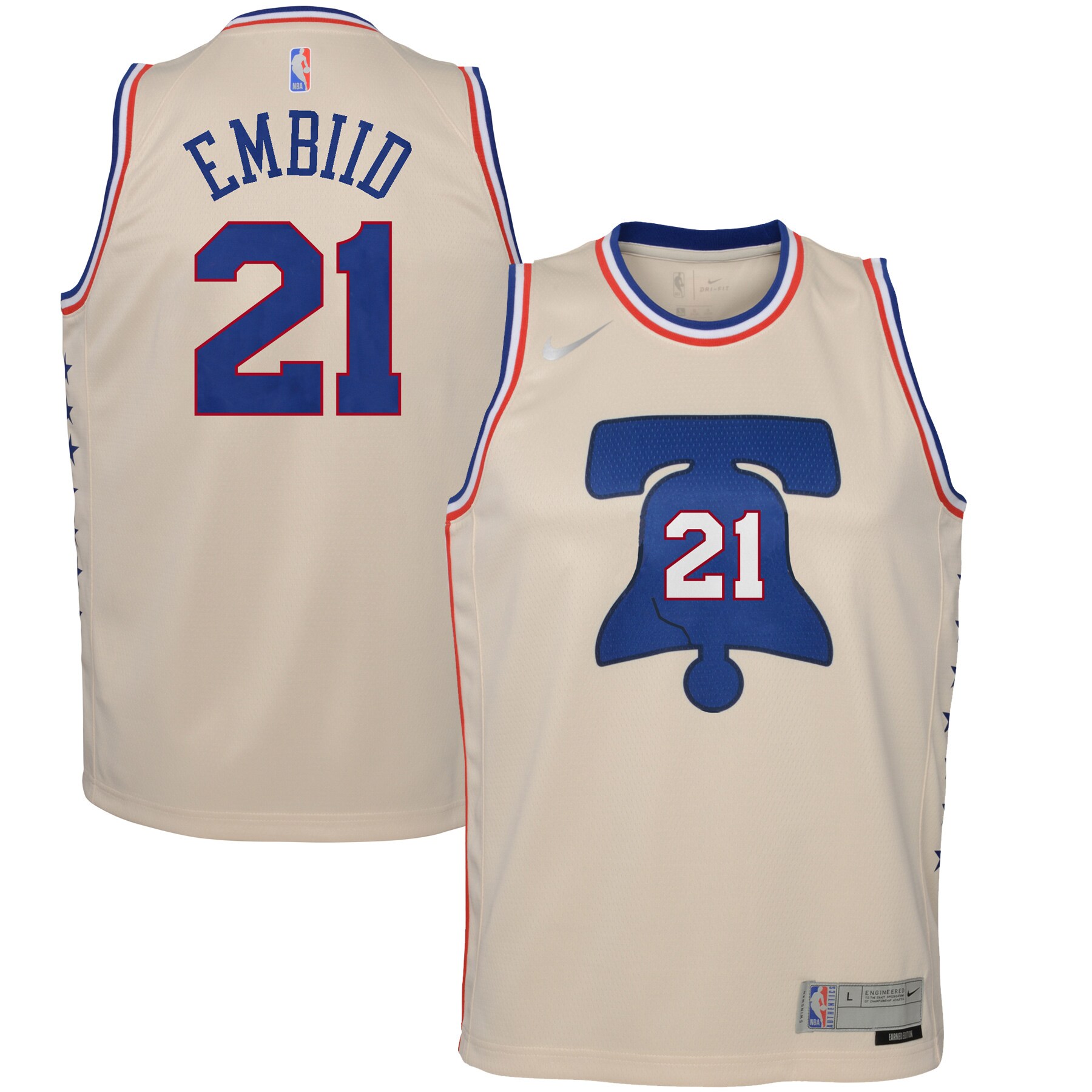Alternative view of Joel Embiid Philadelphia 76ers Youth 2020/21 Swingman Player Jersey Cream - Earned Edition