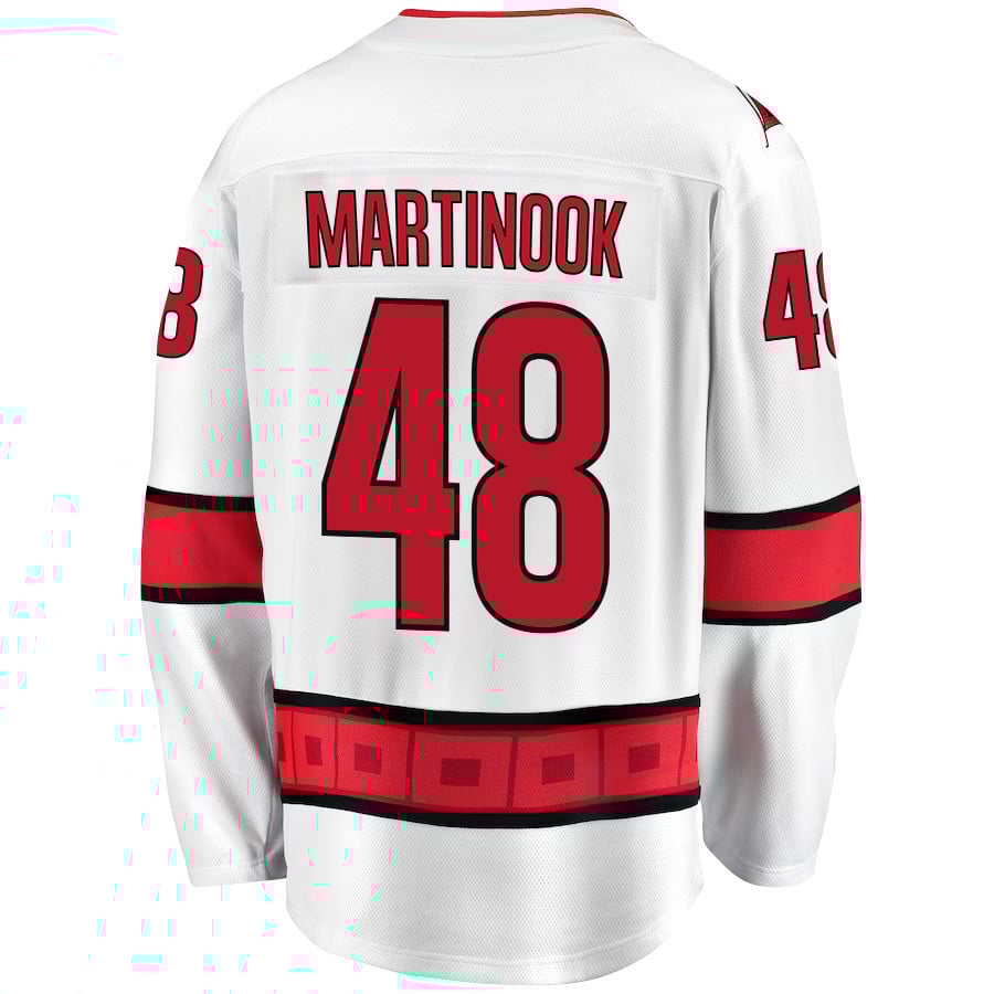 Alternative view of Jordan Martinook 48 Carolina Hurricanes Stanley Cup 2023 Playoffs Patch Away Breakaway Men Jersey - White - JS769 