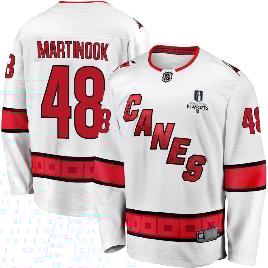 Jordan Martinook 48 Carolina Hurricanes Stanley Cup 2023 Playoffs Patch Away Breakaway Men Jersey - White - JS769 
