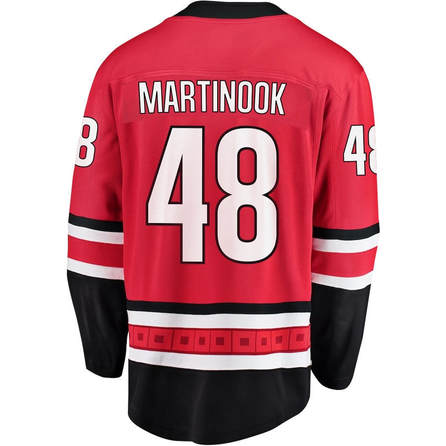 Alternative view of Jordan Martinook 48 Carolina Hurricanes Stanley Cup 2023 Playoffs Patch Home Breakaway Men Jersey - Red - JS554 