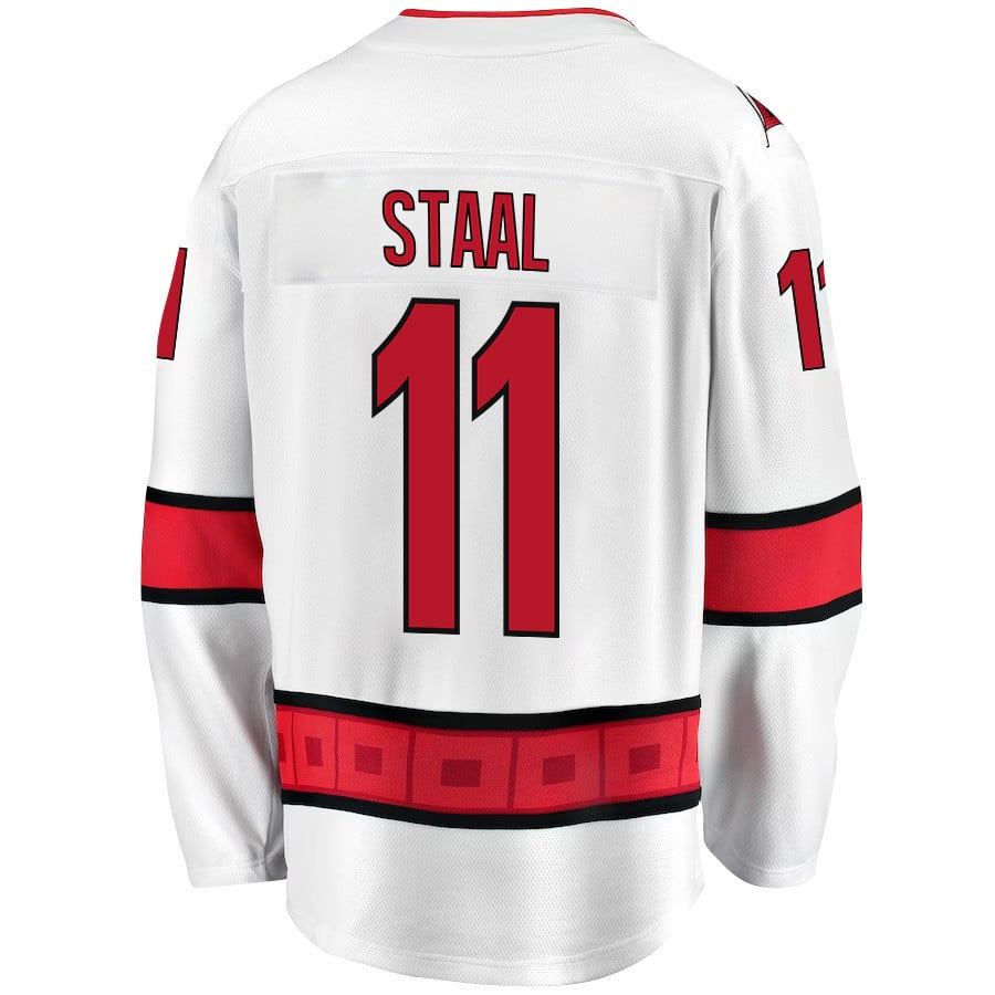 Alternative view of Jordan Staal 11 Carolina Hurricanes Stanley Cup 2023 Playoffs Patch Away Breakaway Men Jersey - White - JS923 