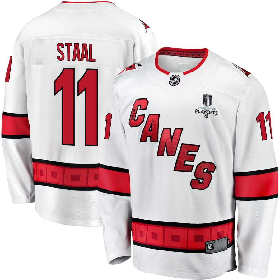Jordan Staal 11 Carolina Hurricanes Stanley Cup 2023 Playoffs Patch Away Breakaway Men Jersey - White - JS923 