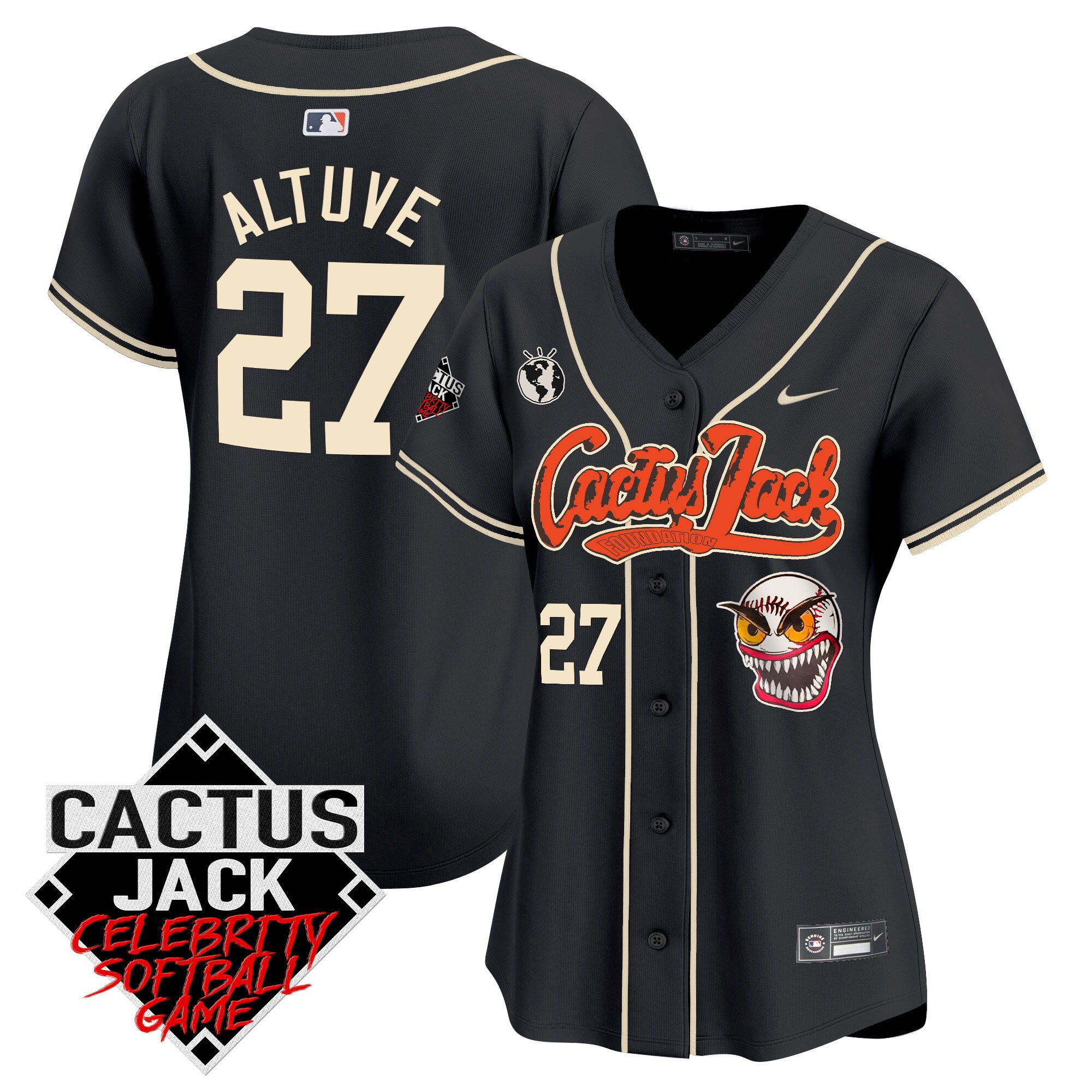 José Altuve 27 Houston Astros Cactus Jack Celebrity Softball Game Patch Women Jersey - Black