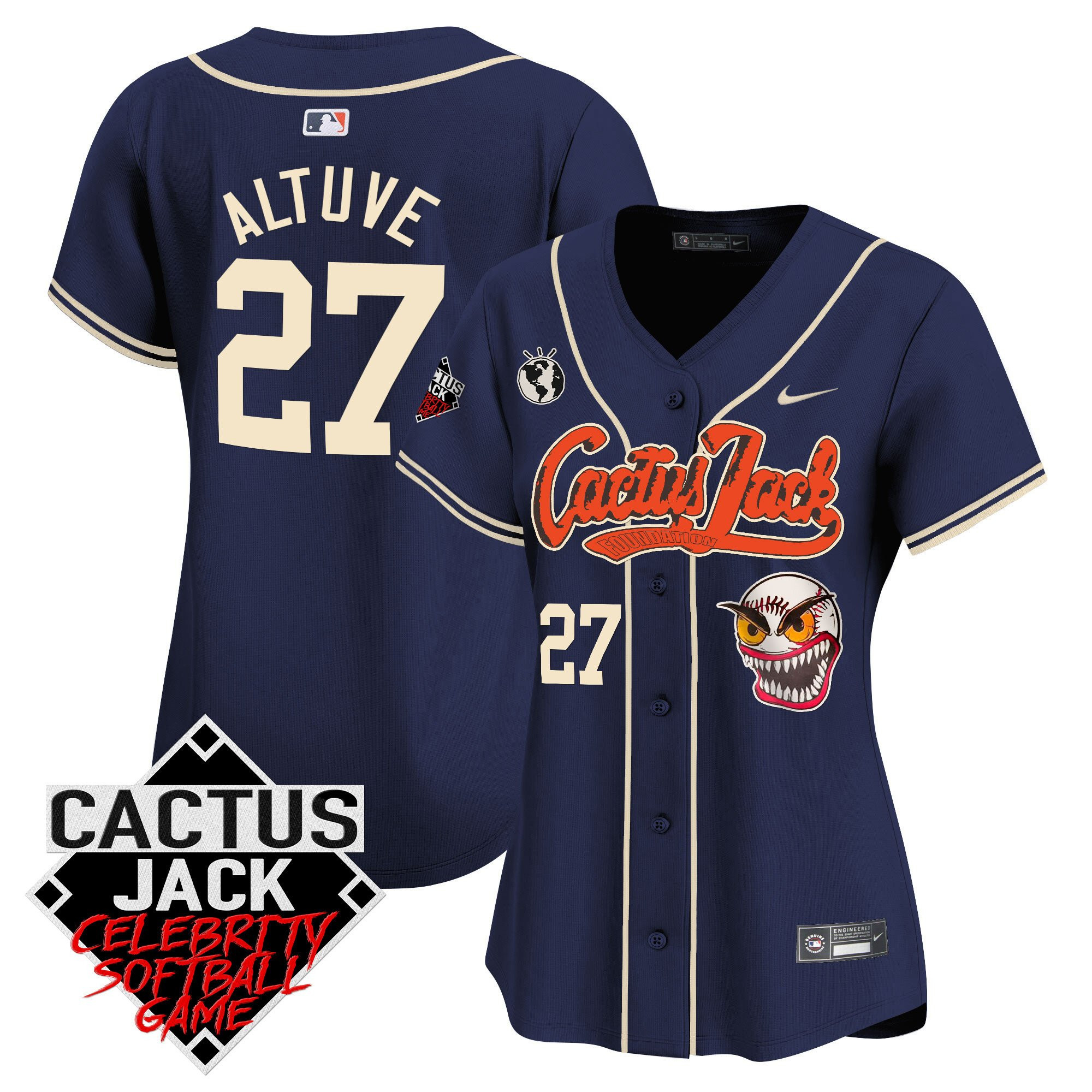 José Altuve 27 Houston Astros Cactus Jack Celebrity Softball Game Patch Women Jersey - Navy