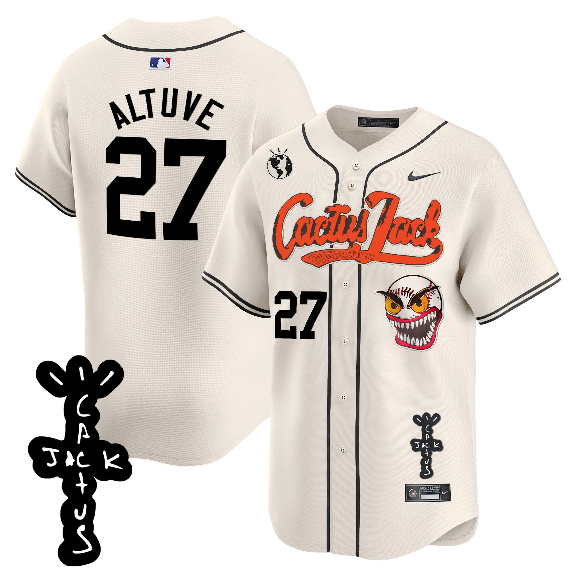 José Altuve 27 Houston Astros Cactus Jack Patch V2 Men Jersey - Cream