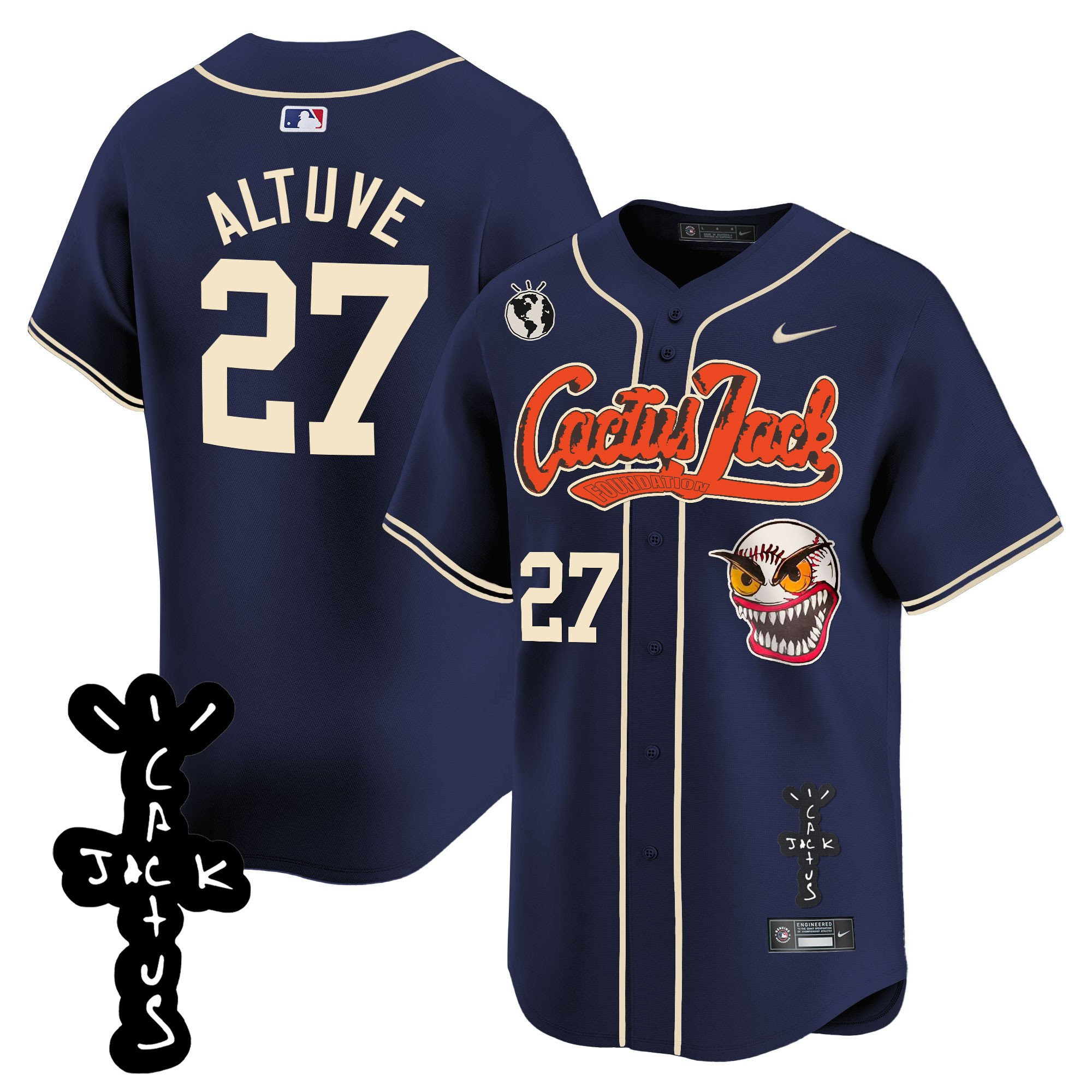 José Altuve 27 Houston Astros Cactus Jack Patch V2 Men Jersey - Navy