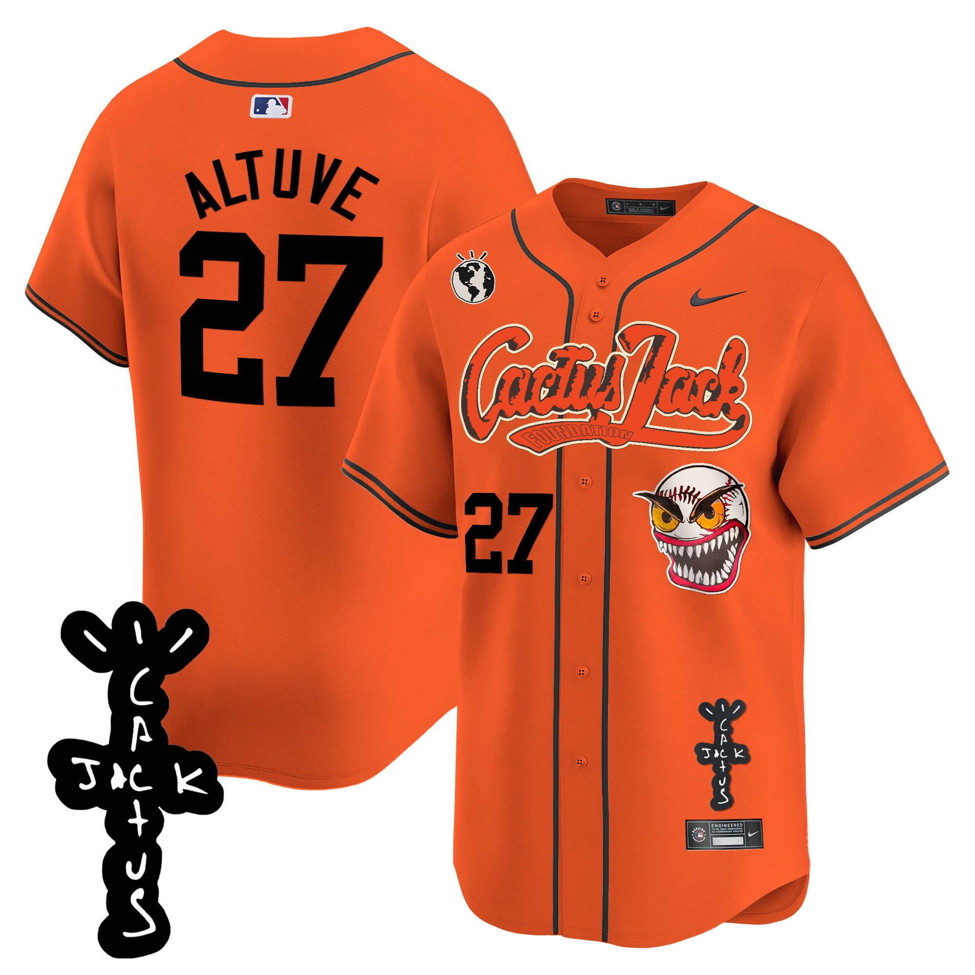 José Altuve 27 Houston Astros Cactus Jack Patch V2 Men Jersey - Orange