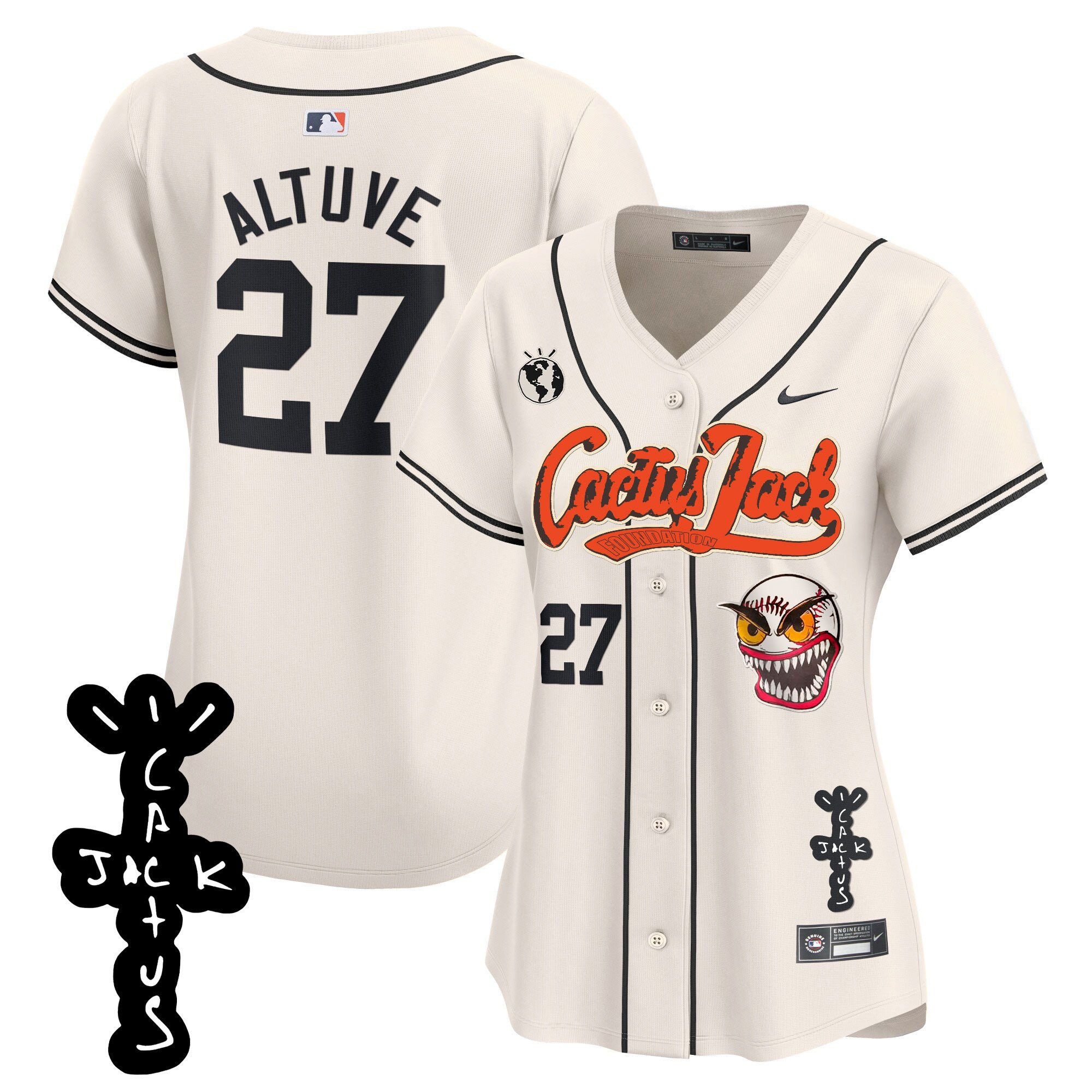 José Altuve 27 Houston Astros Cactus Jack Patch V2 Women Jersey - Cream 