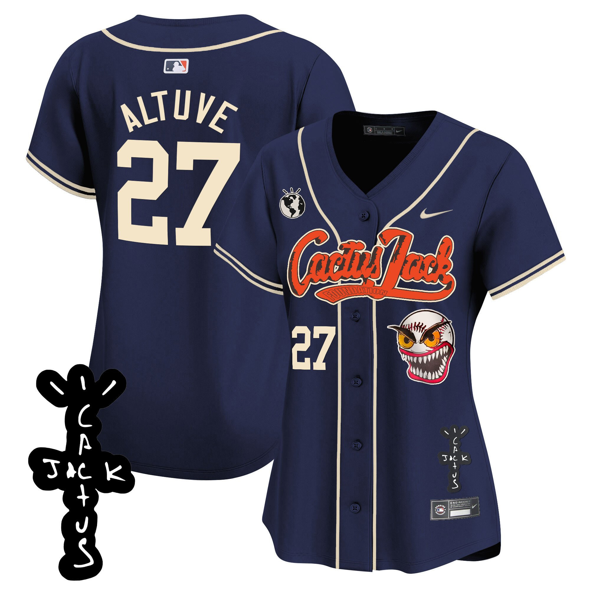 José Altuve 27 Houston Astros Cactus Jack Patch V2 Women Jersey - Navy 