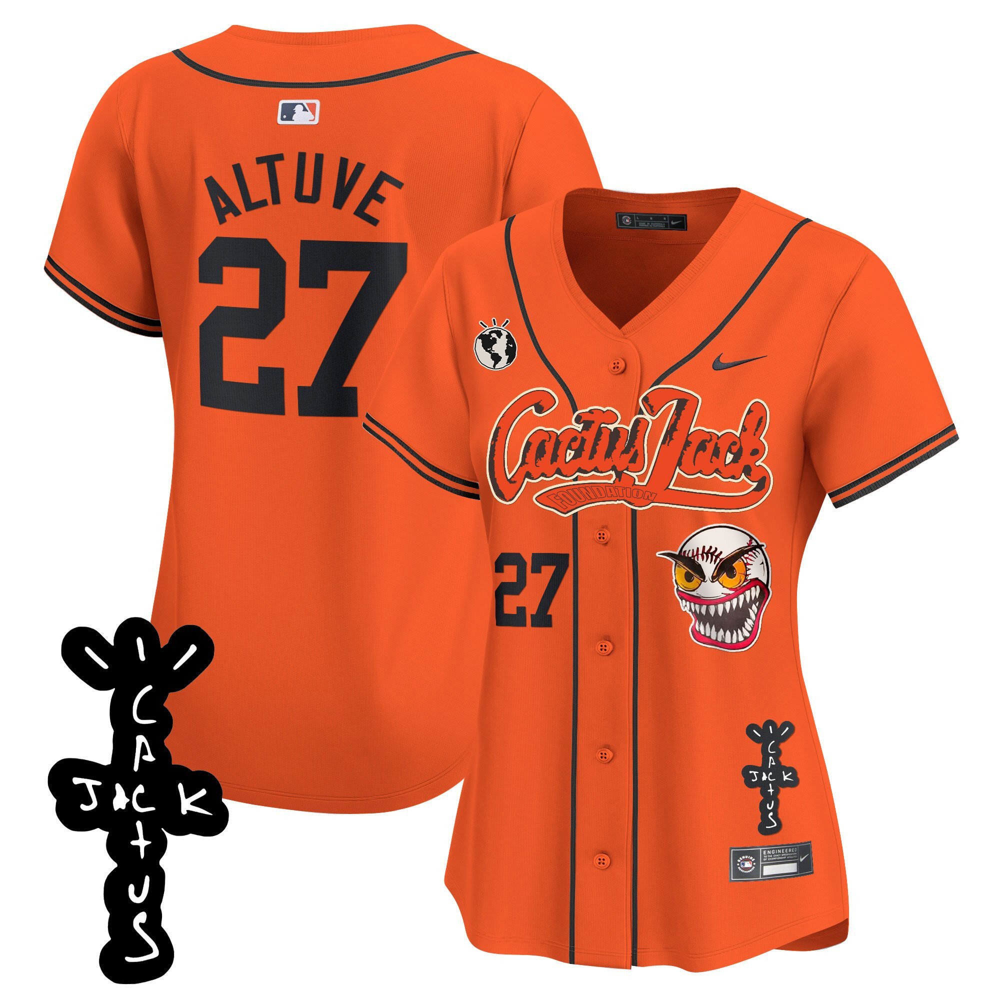 José Altuve 27 Houston Astros Cactus Jack Patch V2 Women Jersey - Orange 