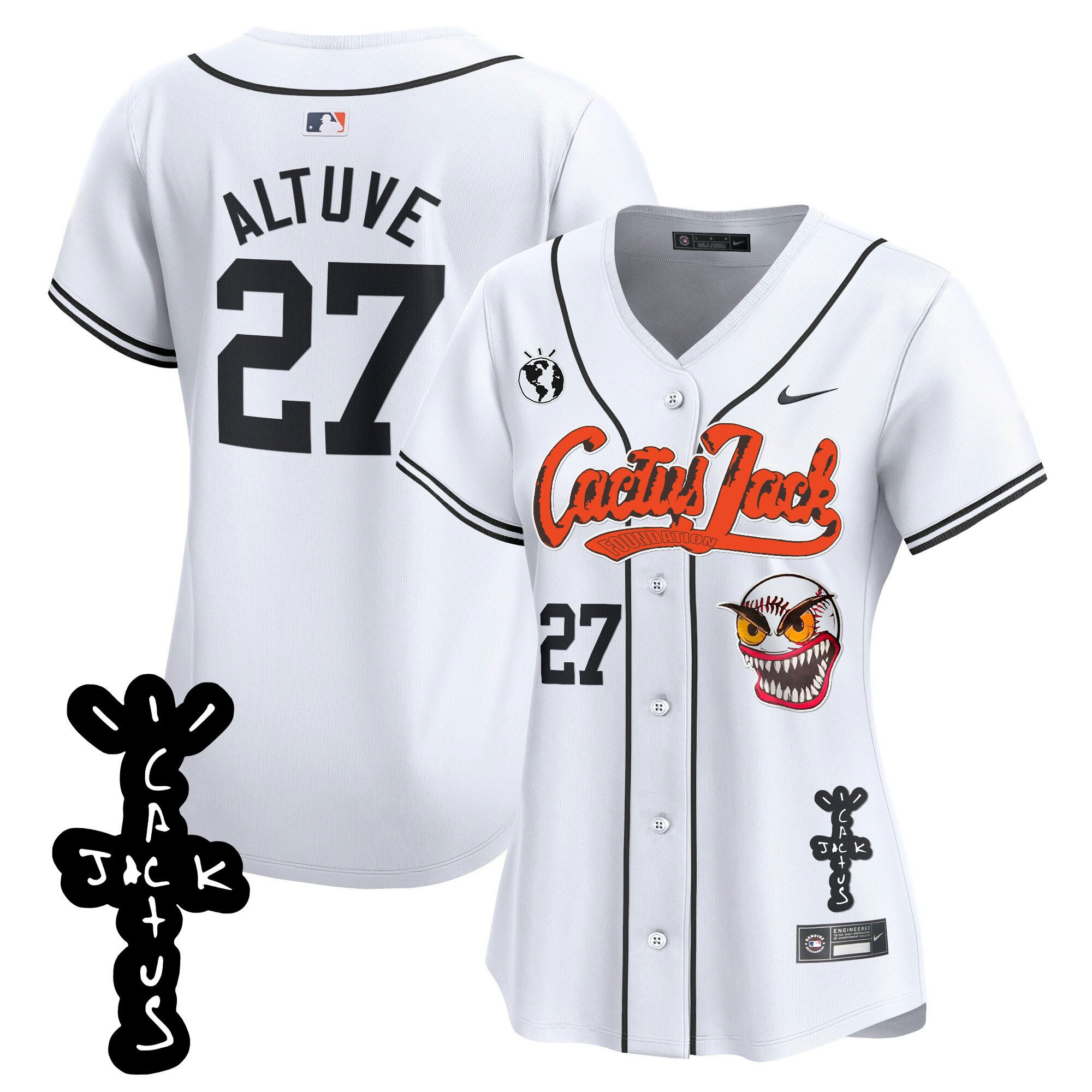 José Altuve 27 Houston Astros Cactus Jack Patch V2 Women Jersey - White 