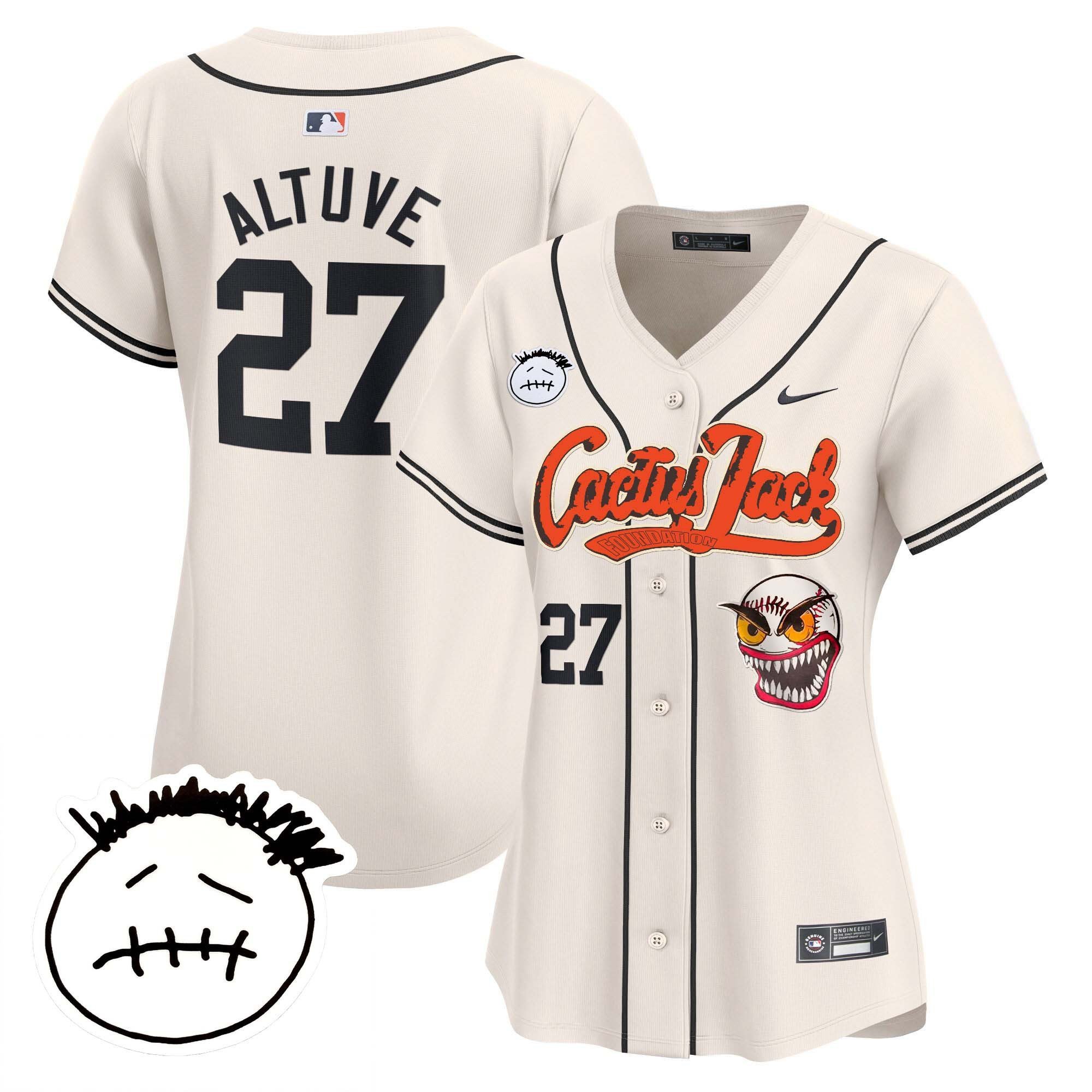 José Altuve 27 Houston Astros Cactus Jack Patch V3 Women Jersey - Cream 