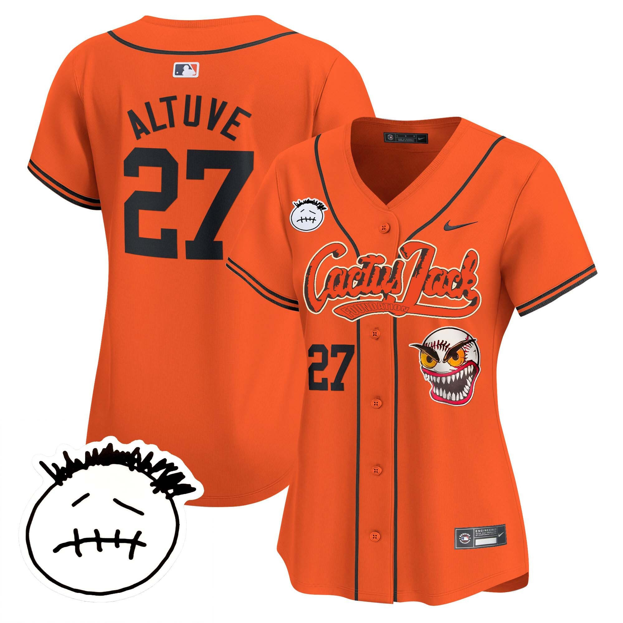José Altuve 27 Houston Astros Cactus Jack Patch V3 Women Jersey - Orange 