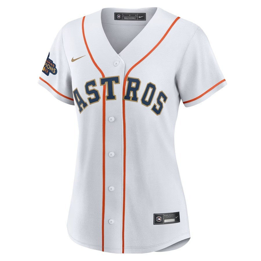 Alternative view of Jose Altuve 27 Houston Astros 2023 Gold Collection Women Jersey - White/Gold