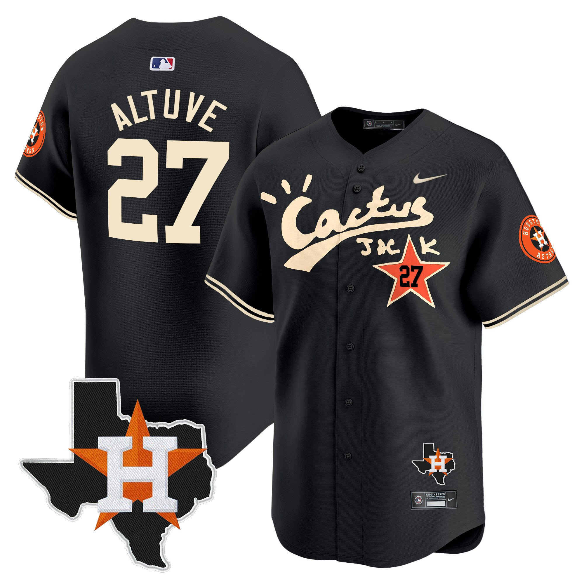 Jose Altuve 27 Houston Astros Cactus Jack Houston Patch Limited Jersey - Men, Black 