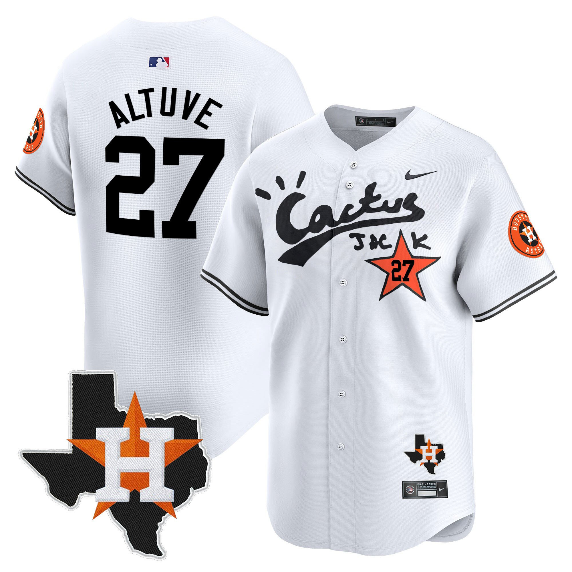 Jose Altuve 27 Houston Astros Cactus Jack Houston Patch Limited Jersey - Men, White 
