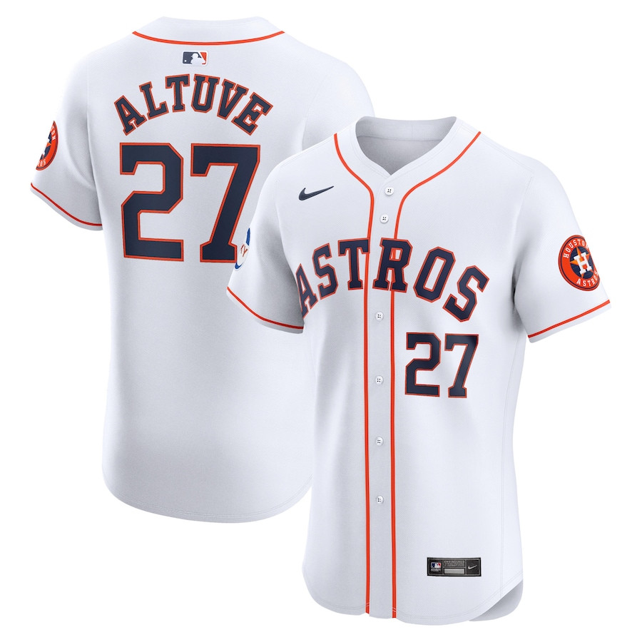 Jose Altuve 27 Houston Astros Home Elite Sponsor Patch Player Men Jersey - White 