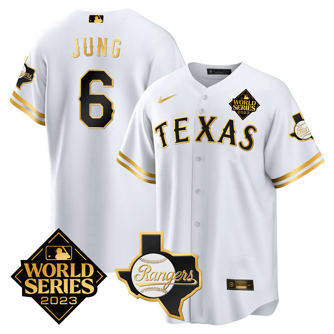 Josh Jung 6 Texas Rangers 2023 World Series & Texas State Patch Men Jersey - White Gold V2 - JS514 