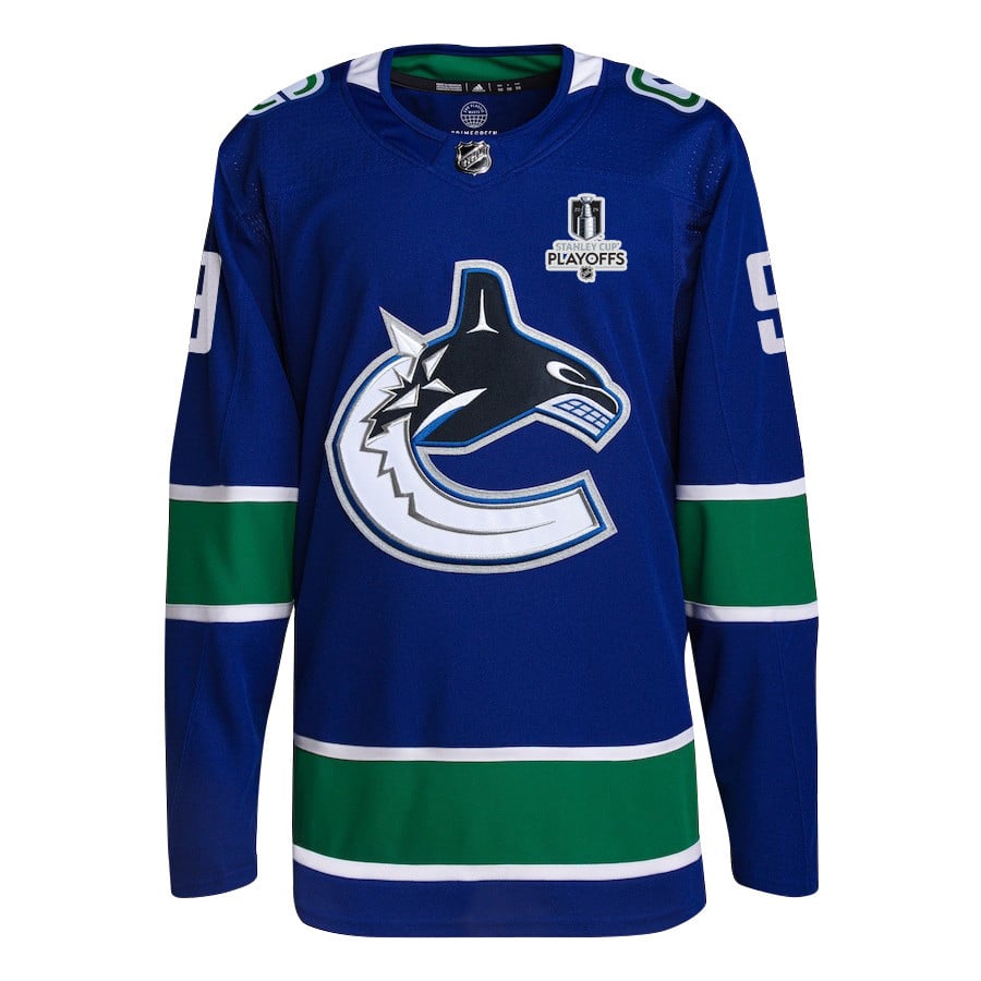 Alternative view of J.T. Miller 9 Vancouver Canucks 2024 NHL Playoffs Patch Home Jersey - Men, Blue - JS830 