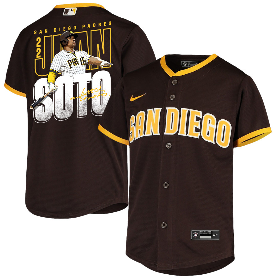 Juan Soto 22 San Diego Padres Signed Posture 2023 Road Player YOUTH Jersey - Brown 