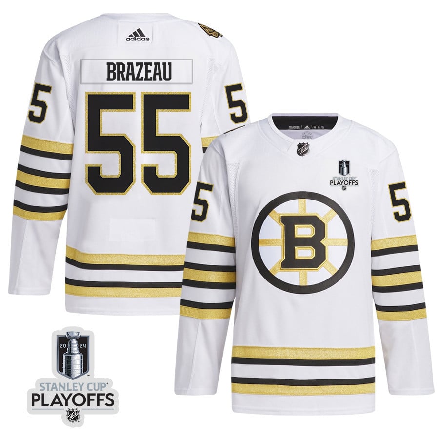 Justin Brazeau 55 Boston Bruins 2024 NHL Playoffs Patch Away Jersey - Men, White - JS795 