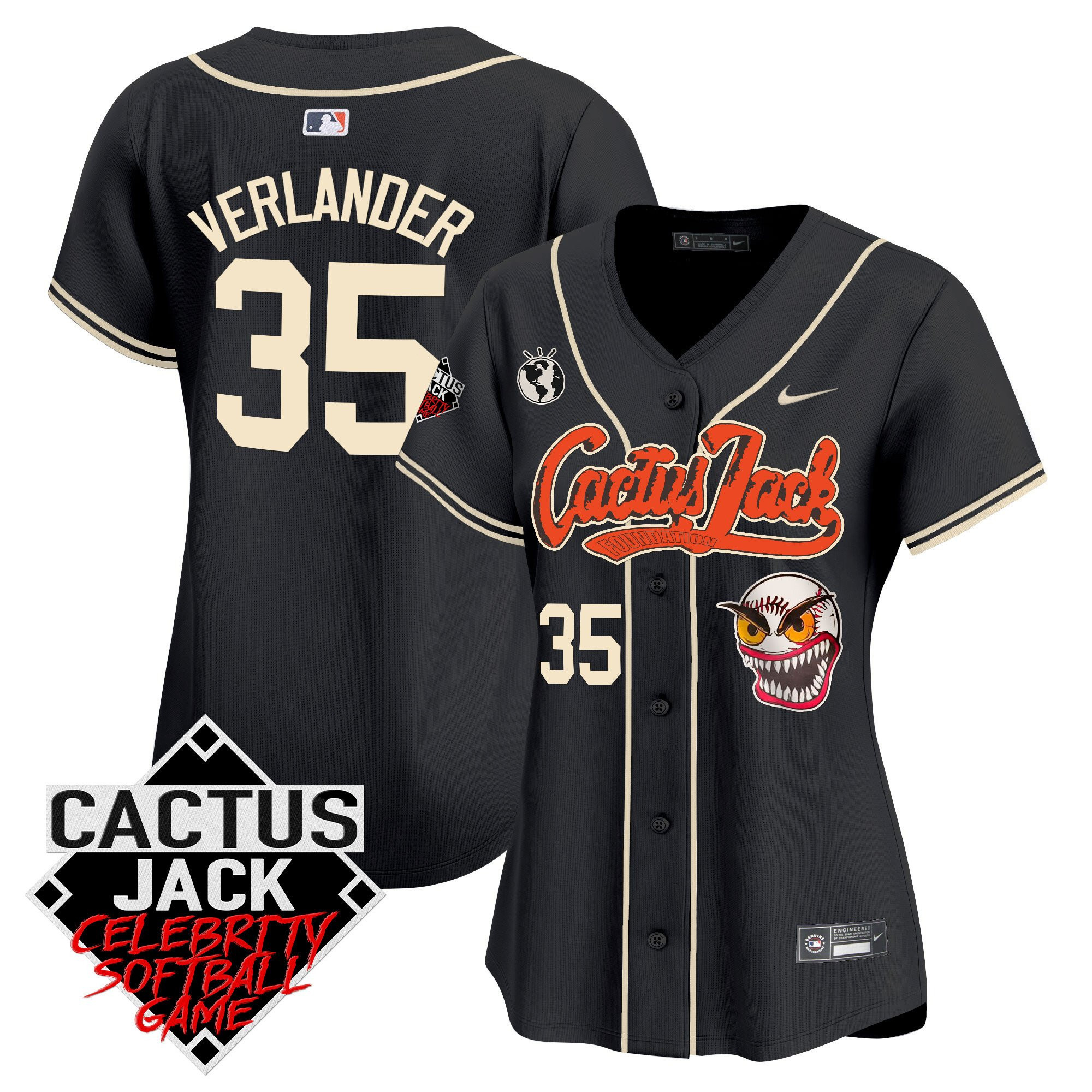 Justin Verlander 35 Houston Astros Cactus Jack Celebrity Softball Game Patch Women Jersey - Black