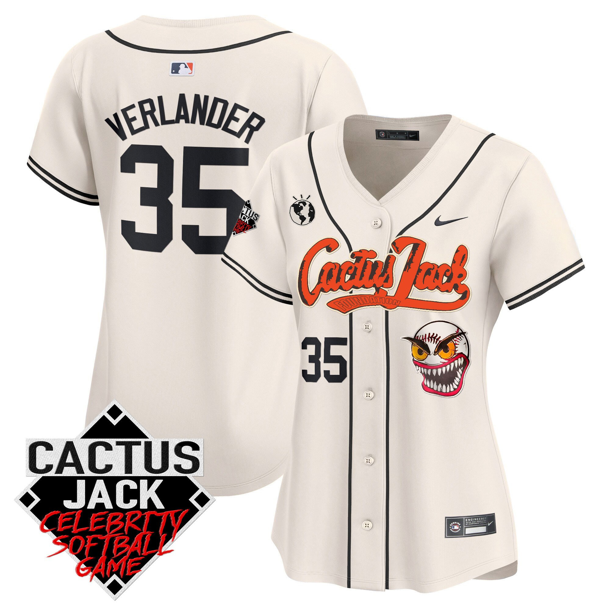 Justin Verlander 35 Houston Astros Cactus Jack Celebrity Softball Game Patch Women Jersey - Cream