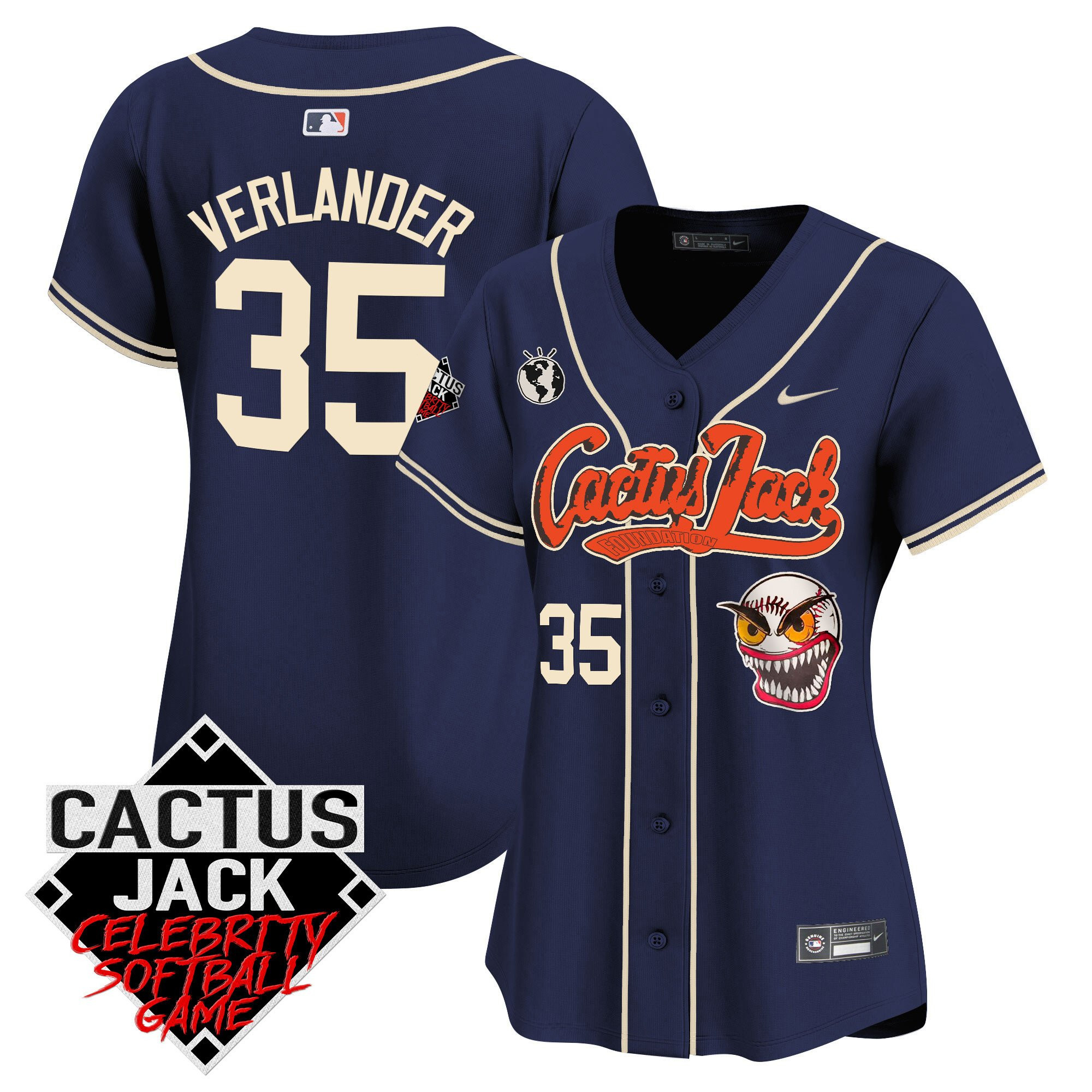Justin Verlander 35 Houston Astros Cactus Jack Celebrity Softball Game Patch Women Jersey - Navy