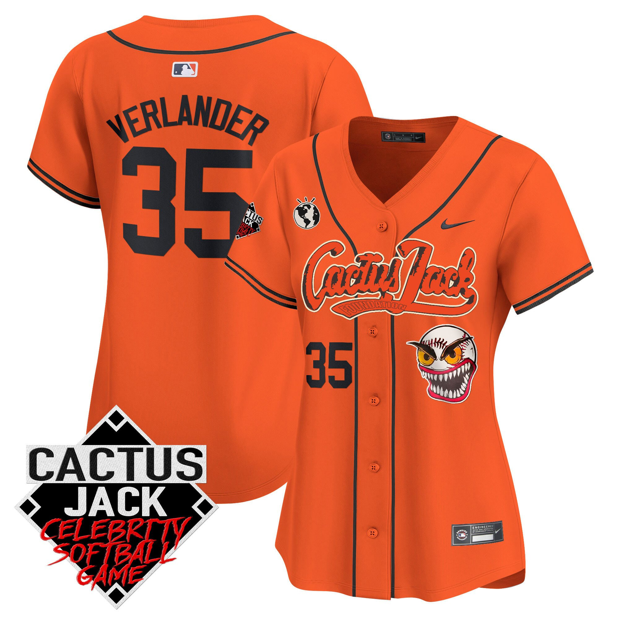 Justin Verlander 35 Houston Astros Cactus Jack Celebrity Softball Game Patch Women Jersey - Orange