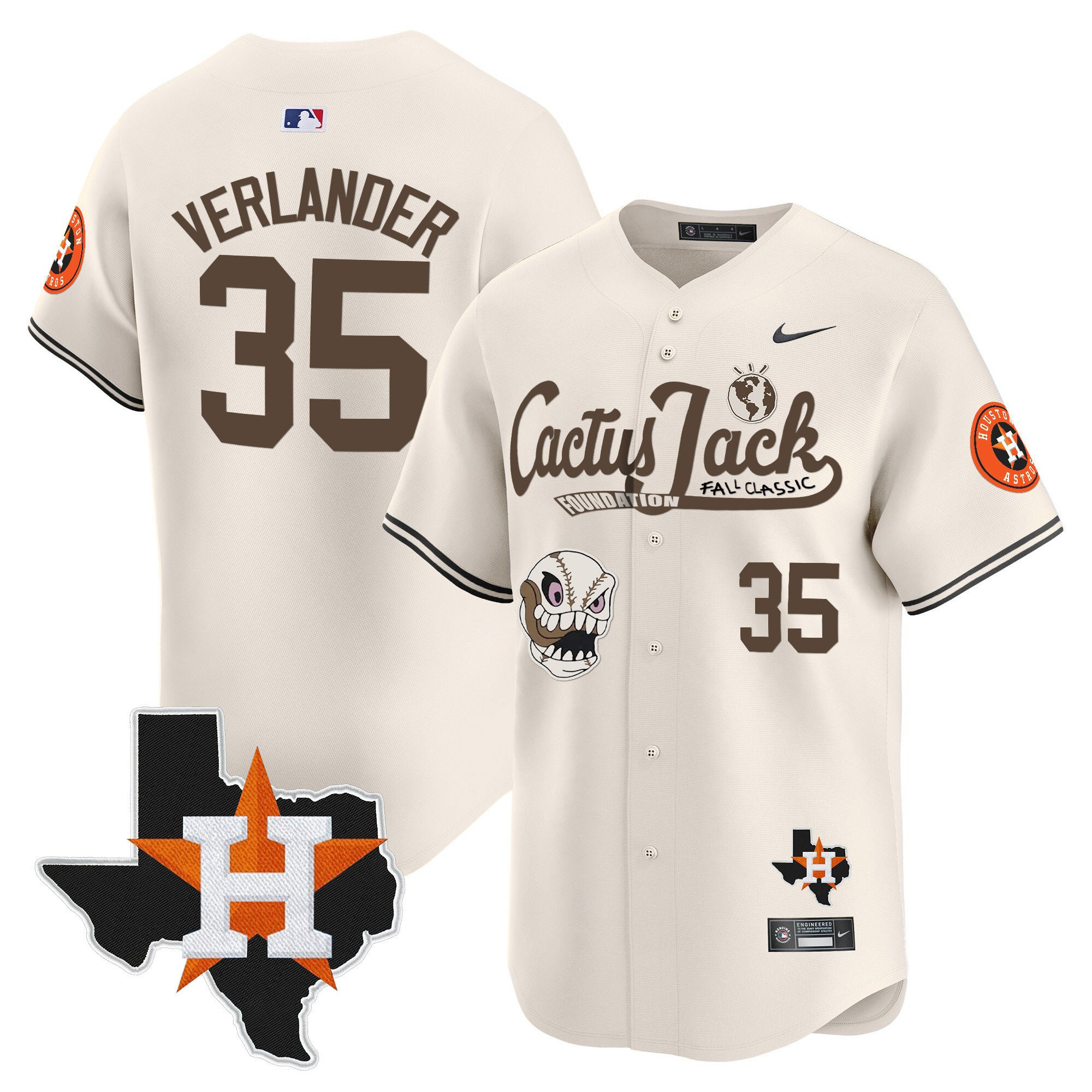 Justin Verlander 35 Houston Astros Cactus Jack Foundation Fall Classic Limited Jersey - Men, Cream 