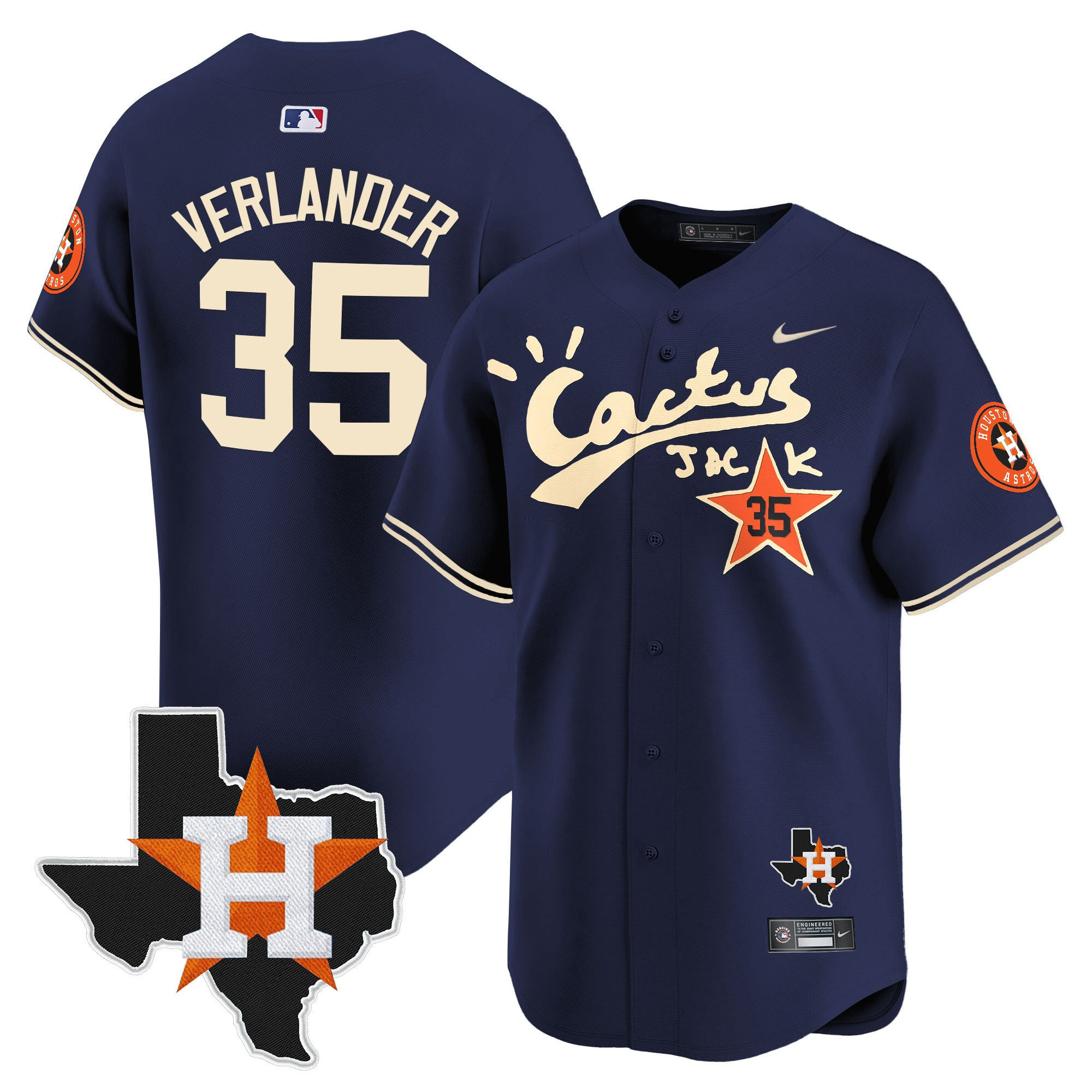 Justin Verlander 35 Houston Astros Cactus Jack Houston Patch Navy Limited Jersey - Men 